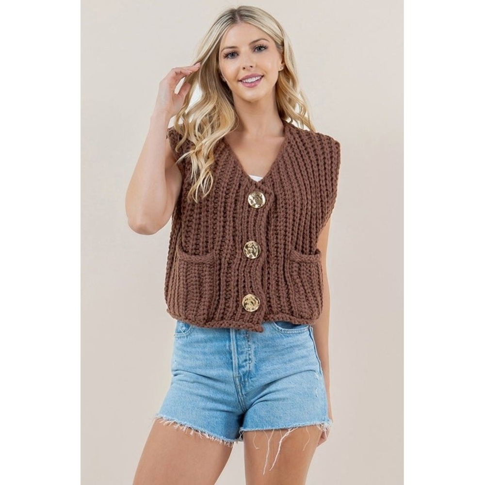 Chunky Knit Sweater Vest Chocolate Brown Gold Buttons One Size Pockets